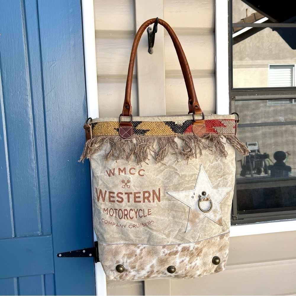 Ray Western Motorcycle Canvas Tote Bag - Tan and Brown